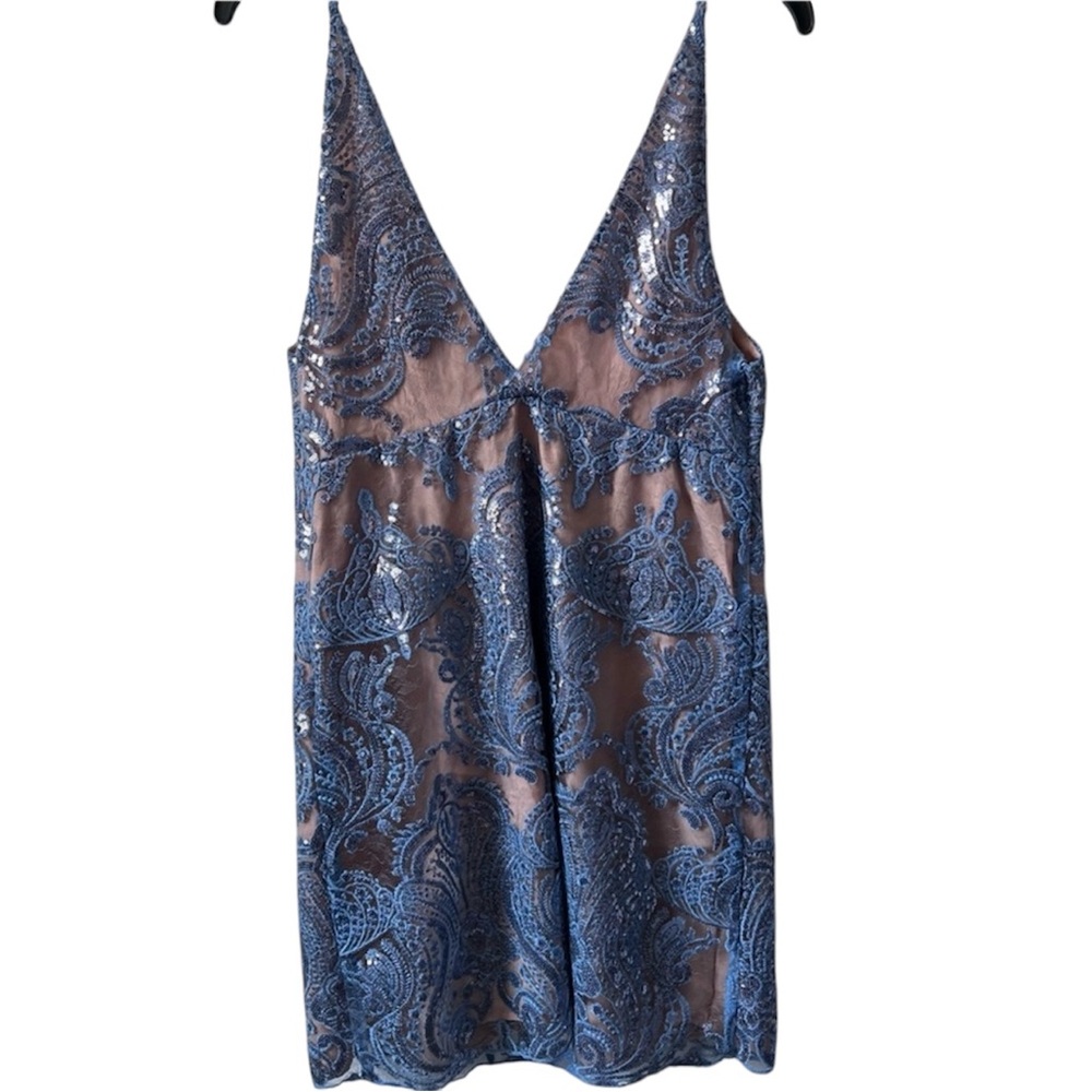 Free People Night Shimmer Sequin Mini Dress Blue Lace Nude Slip Woman’s
